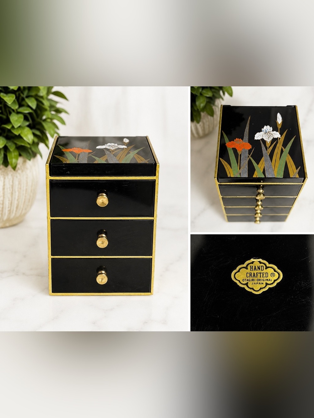 Otagiri Black Lacquer 3-Drawer Jewelry Chest with Floral Motif and Gold Trim